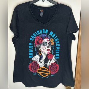 Harley Davidson V Neck Tee XL Black Sugar Skull Graphic NWOT